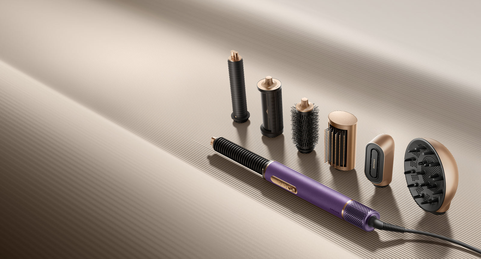 Dreame AirStyle Pro 2 Morado con un conjunto completo de accesorios de peinado profesional para un look glamuroso al instante.
