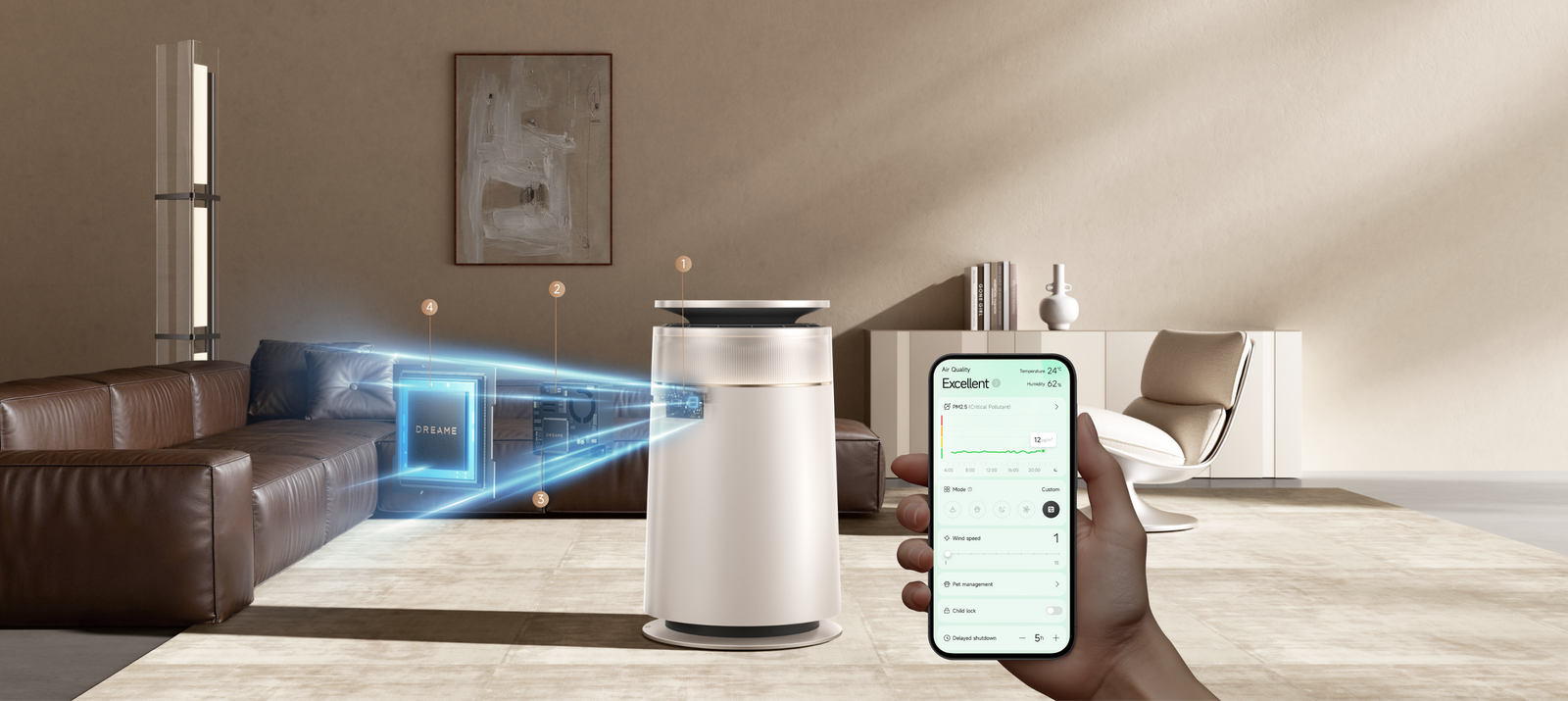 Purificador de aire Dreame FP10 con cuatro sensores integrados PM2,5 TVOC temperatura y humedad que ofrecen datos de calidad del aire en tiempo real mediante la app Dreamehome.