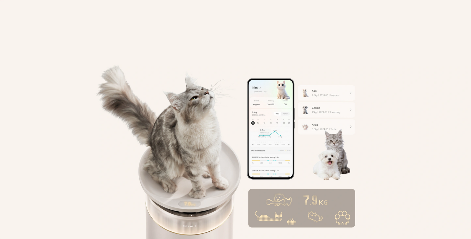 Bandeja de pesaje opcional del Purificador de aire Dreame FP10 con app integrada que registra automáticamente peso y hábitos de varias mascotas con perfiles individuales.