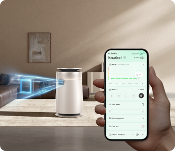 Control remoto en tiempo real del Purificador de aire Dreame FP10 mediante la app Dreamehome con datos de calidad del aire y modos accesibles con un toque.