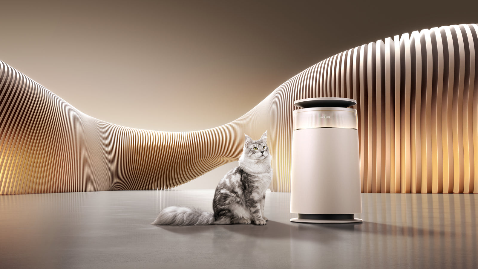 Dreame Air Purifier FP10 Purificador de aire con rodillo autolimpiante, el primero del mundo galardonado con el Red Dot Award, junto a un gato.