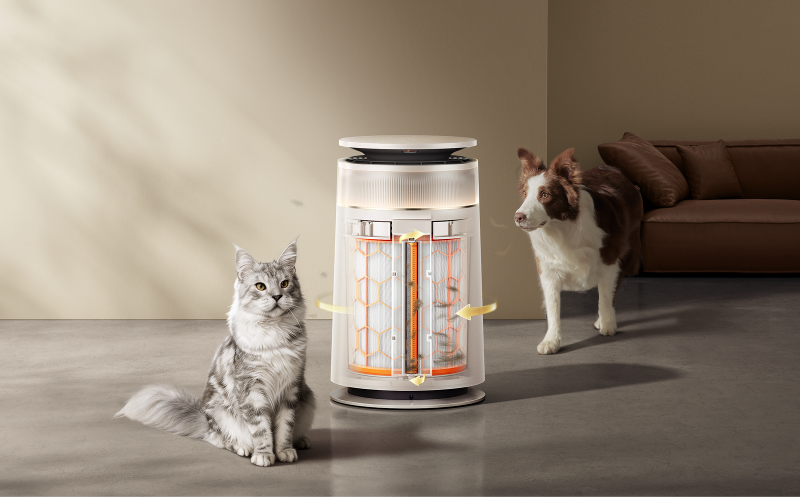 El doble cepillo rodante del Dreame FP10 Purificador de aire para mascotas recoge el pelo al 99,5 % con un rendimiento estable a largo plazo.