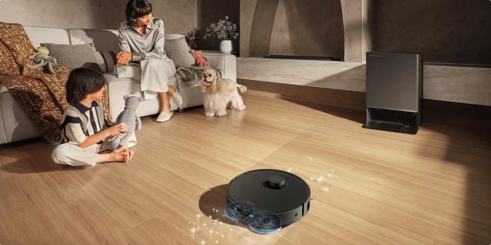 El robot aspirador Dreame Matrix10 Pro Negro con mopa térmica limpia el salón a 40 °C para una frescura duradera.