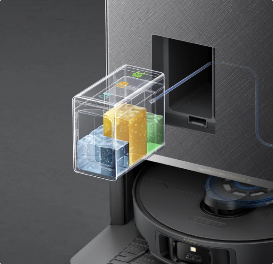 Compartimento tres soluciones del robot aspirador Dreame Matrix10 Pro Negro, soluciones específicas para mascotas y suelos de madera.