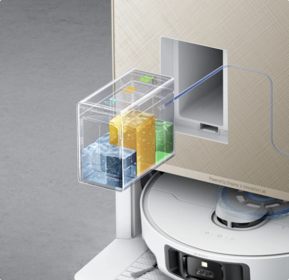 Compartimento tres soluciones del robot aspirador Dreame Matrix10 Pro Blanco, soluciones específicas para mascotas y suelos de madera.