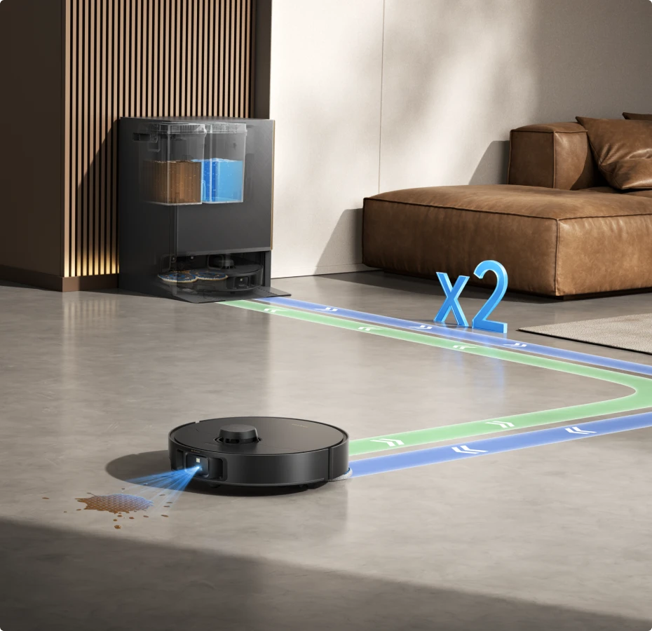 Robot aspirador Dreame Matrix10 Pro con detección inteligente de suciedad, localiza manchas difíciles y repasa automáticamente hasta dos veces.