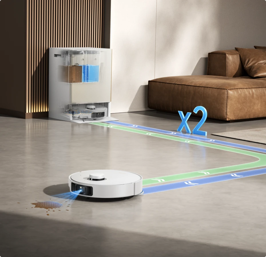 Robot aspirador Dreame Matrix10 Pro con detección inteligente de suciedad, localiza manchas difíciles y repasa automáticamente hasta dos veces.