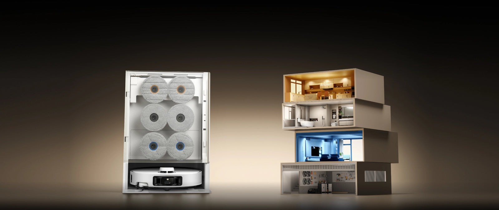 El robot aspirador Dreame Matrix10 Pro Blanco cambia automáticamente las mopas para cocina, baño y salón sin contaminación cruzada.