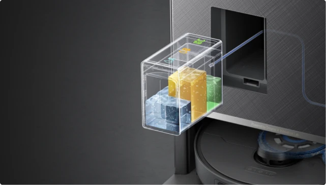 Compartimento para tres soluciones del robot aspirador Dreame Matrix10 Pro Negro con tres detergentes especializados integrados.