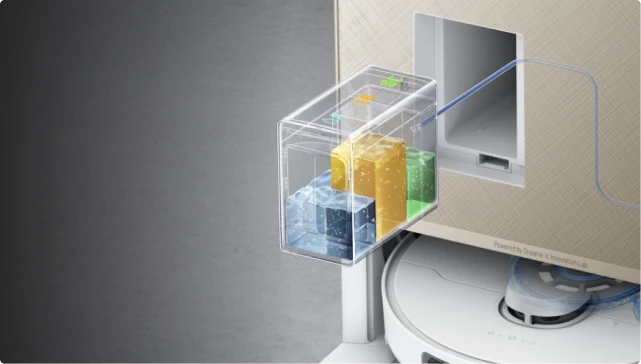 Compartimento para tres soluciones del robot aspirador Dreame Matrix10 Pro Blanco con tres detergentes especializados integrados.