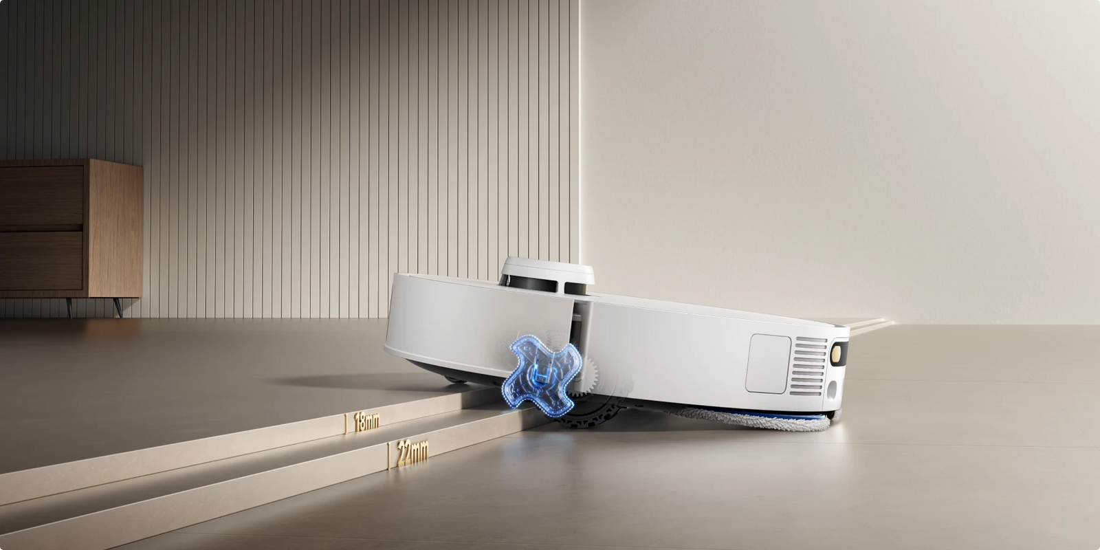 El robot aspirador Dreame Matrix10 Pro Blanco supera umbrales de doble nivel de hasta 40 mm sin interrumpir la limpieza.