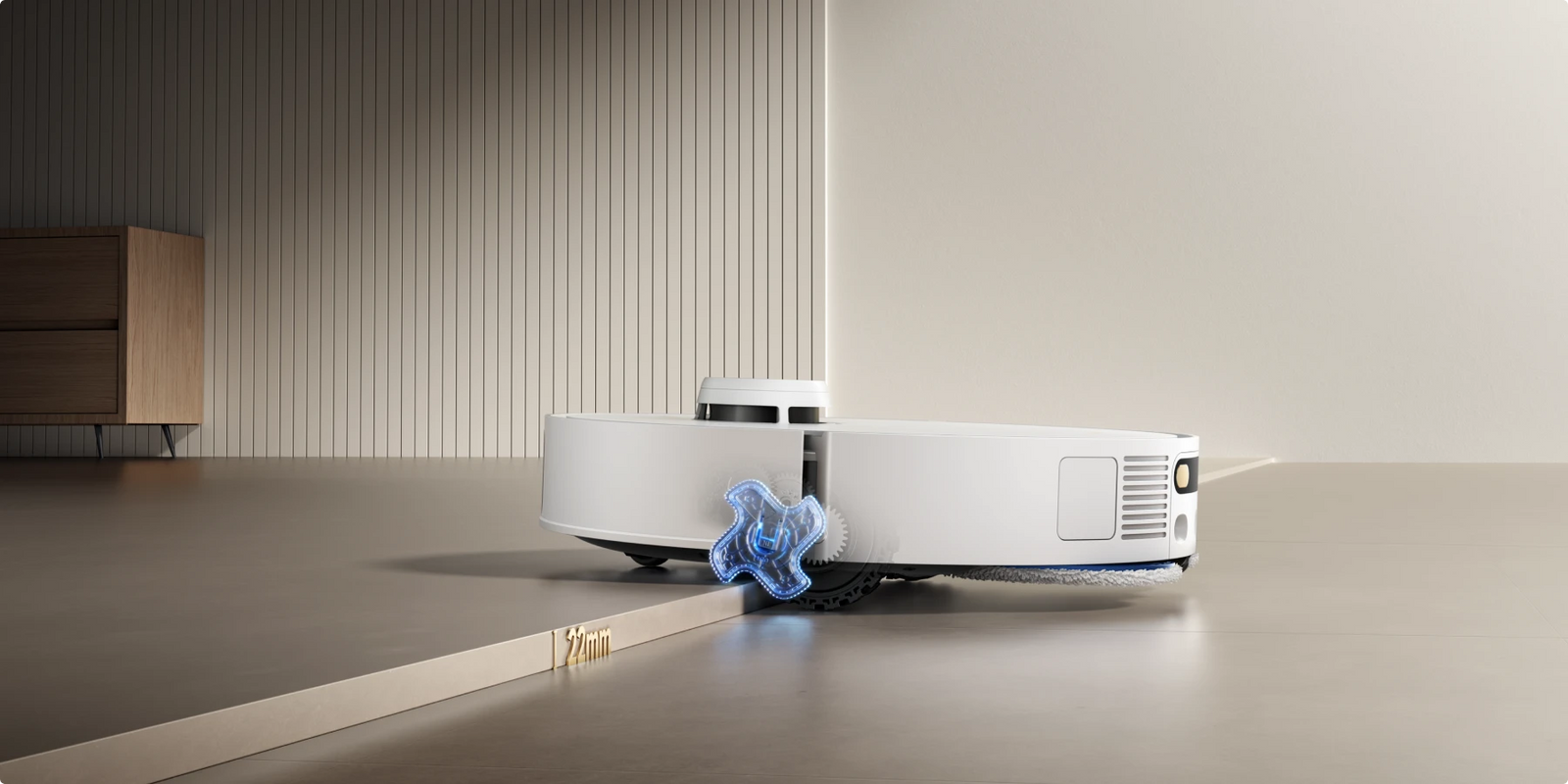 El robot aspirador Dreame Matrix10 Pro Blanco supera umbrales de doble nivel de hasta 40 mm sin interrumpir la limpieza.