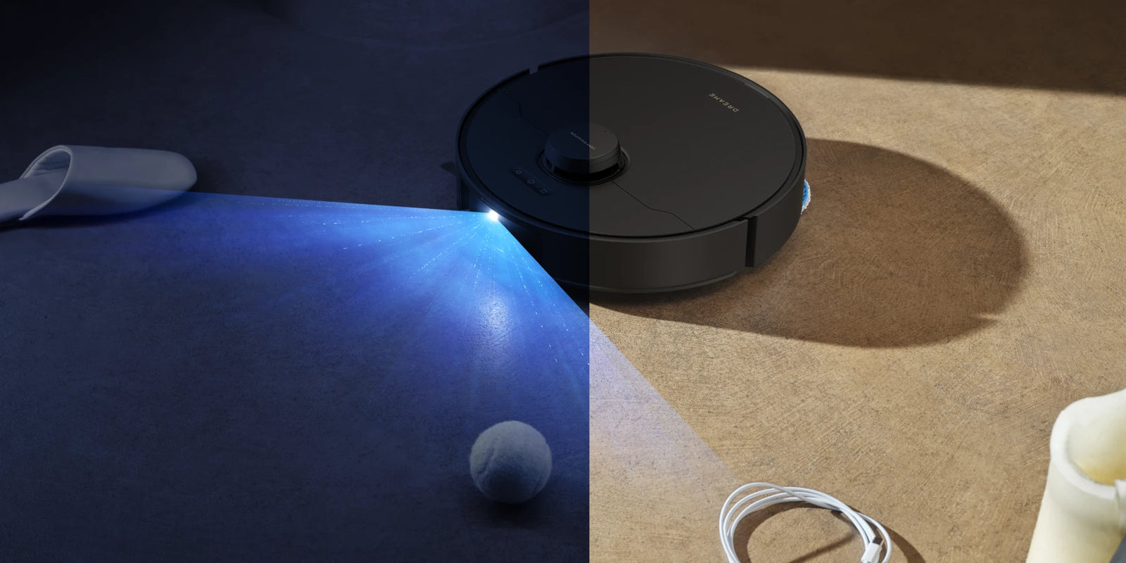 Robot aspirador Dreame Matrix10 Pro, cámara IA RGB detecta obstáculos en la oscuridad, LEDs integrados iluminan el camino.