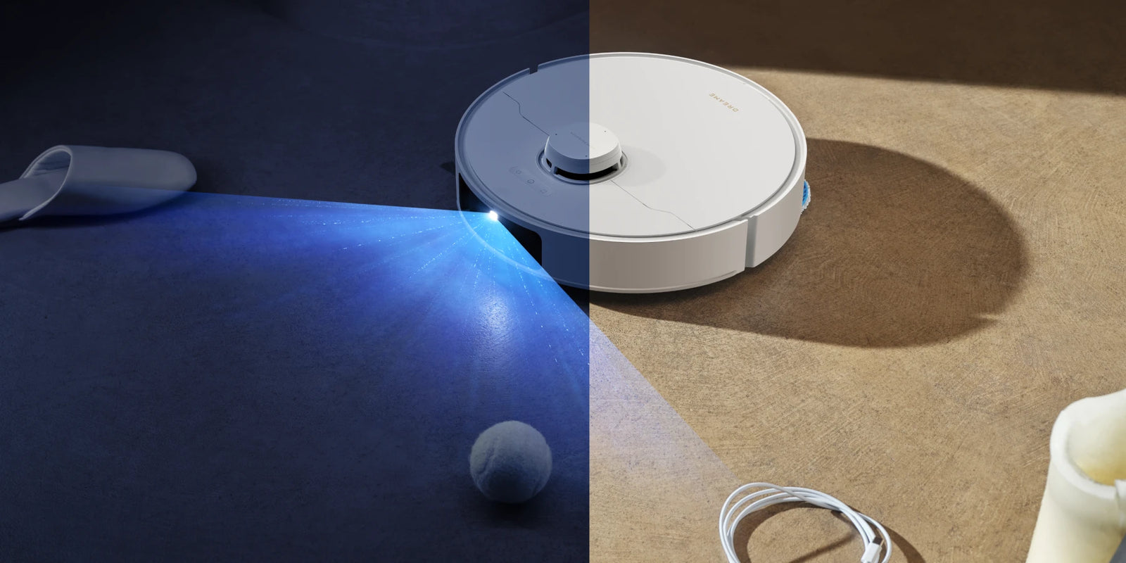Robot aspirador Dreame Matrix10 Pro, cámara IA RGB detecta obstáculos en la oscuridad, LEDs integrados iluminan el camino.
