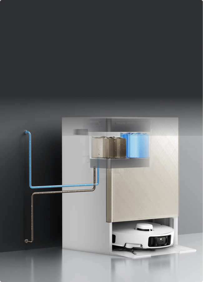 Robot aspirador Dreame Matrix10 Pro con conexión automática de agua opcional, sin necesidad de llenar ni vaciar manualmente los depósitos.