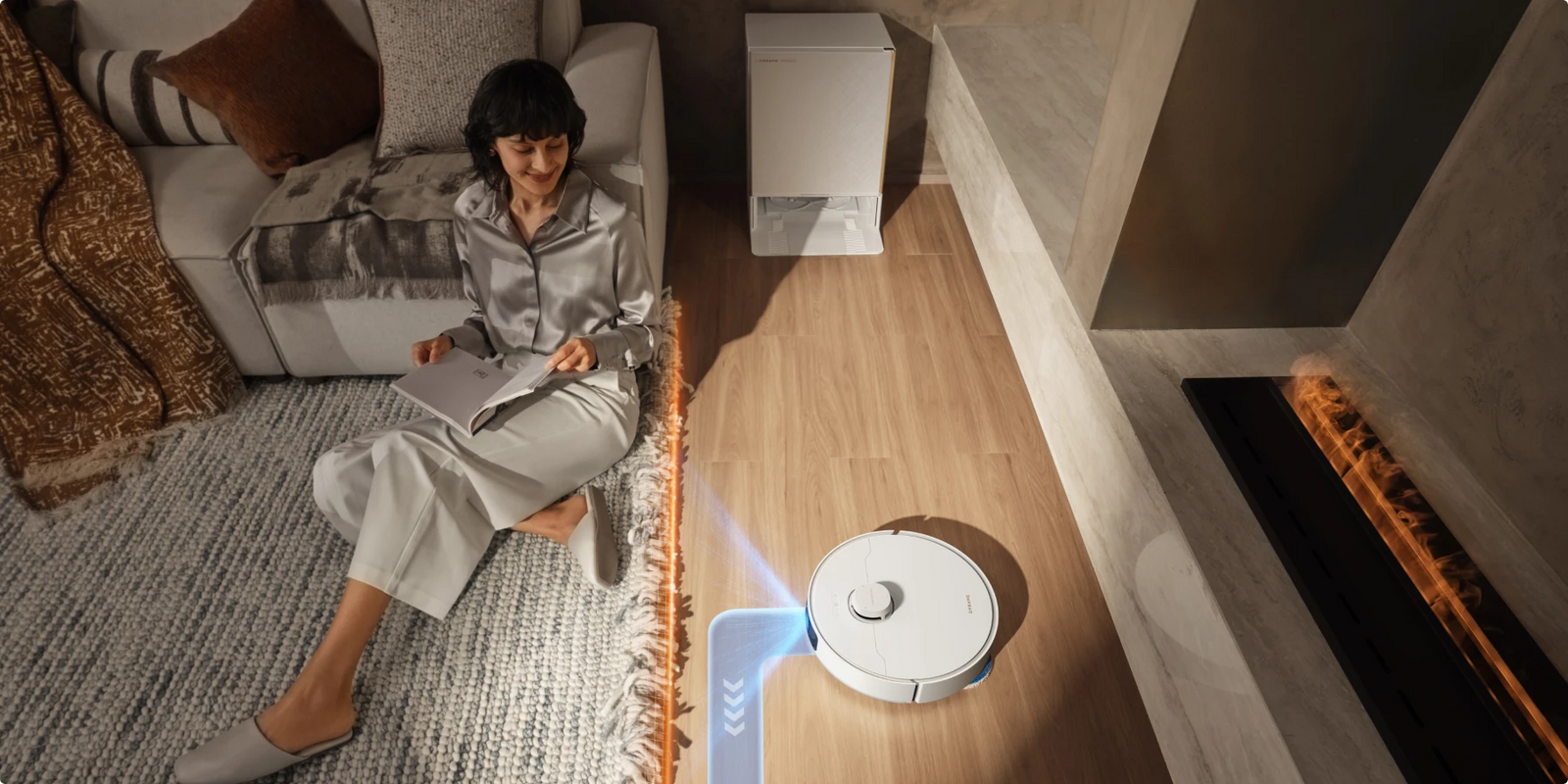El robot aspirador Dreame Matrix10 Pro Blanco detecta y esquiva automáticamente las alfombras con flecos, sin riesgo de enredos ni daños.