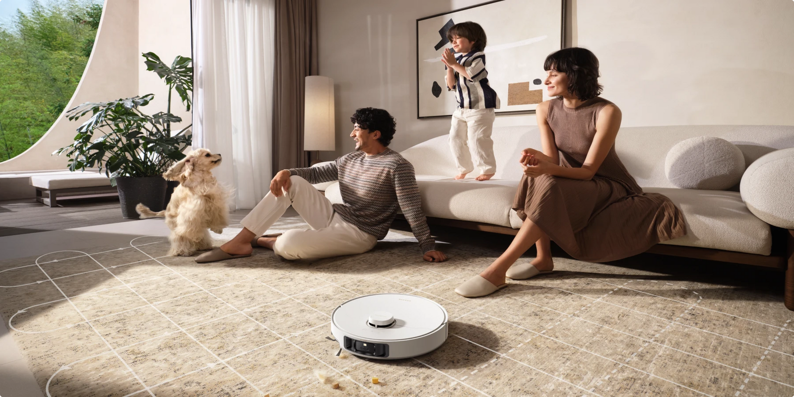 El robot aspirador Dreame Matrix10 Pro Blanco limpia alfombras con mayor potencia de succión y cambia de modo suelo a alfombra sin interrupciones.