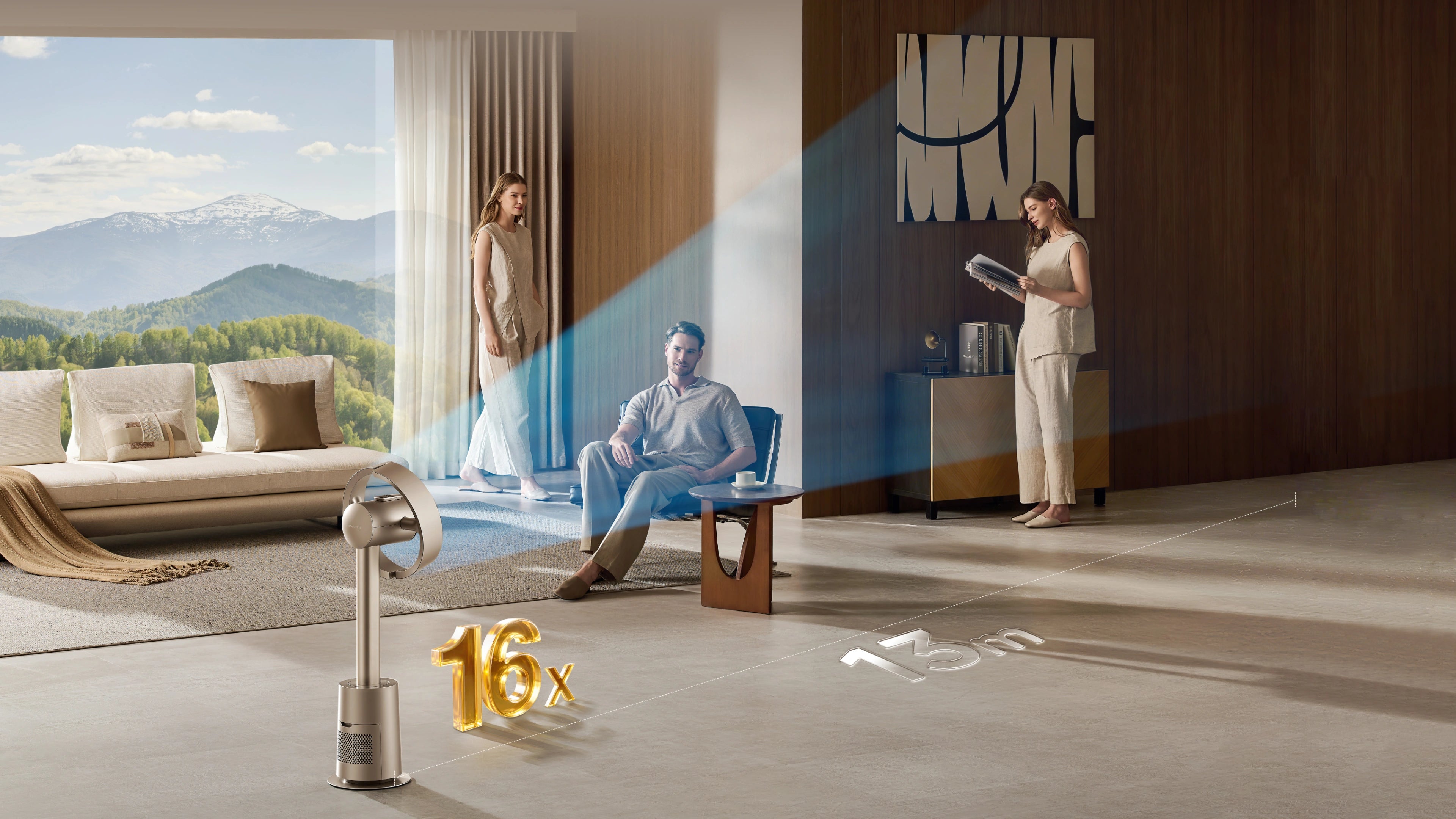 AirBoost™ en el Dreame MF10 Ventilador sin aspas amplifica el flujo 16x para un frescor estable hasta 13 m de distancia.