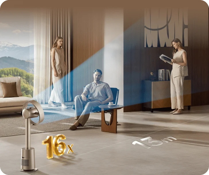 Con AirBoost™, el Dreame MF10 Ventilador sin aspas amplifica el flujo 16x para refrescar incluso a personas a 13 m de distancia.