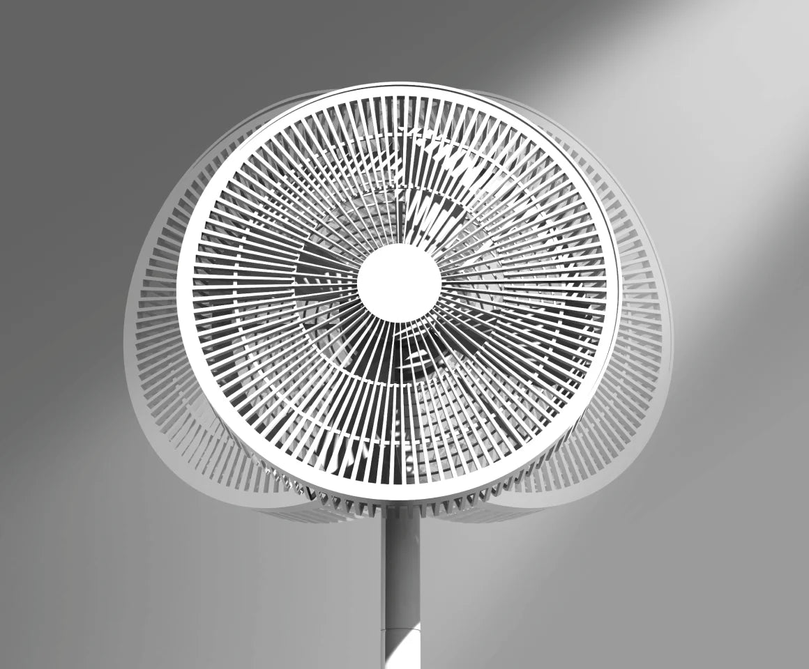 Ventilador convencional con oscilación en una sola dirección, en contraste con la cobertura 270° del Dreame MF10 Ventilador sin aspas.