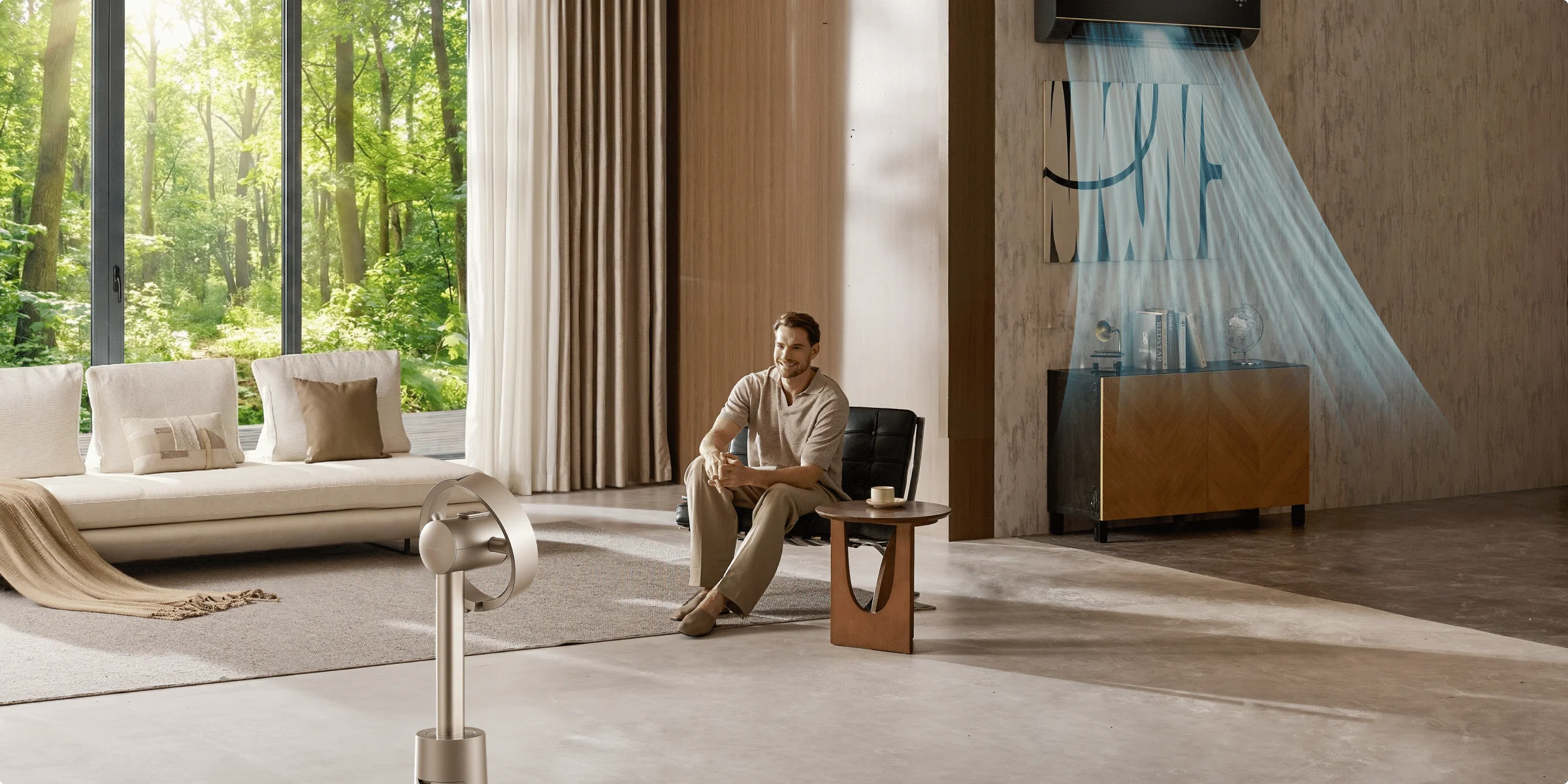 En verano combinado con el aire acondicionado, el Dreame MF10 Ventilador sin aspas distribuye el frescor de forma uniforme en toda la habitación.