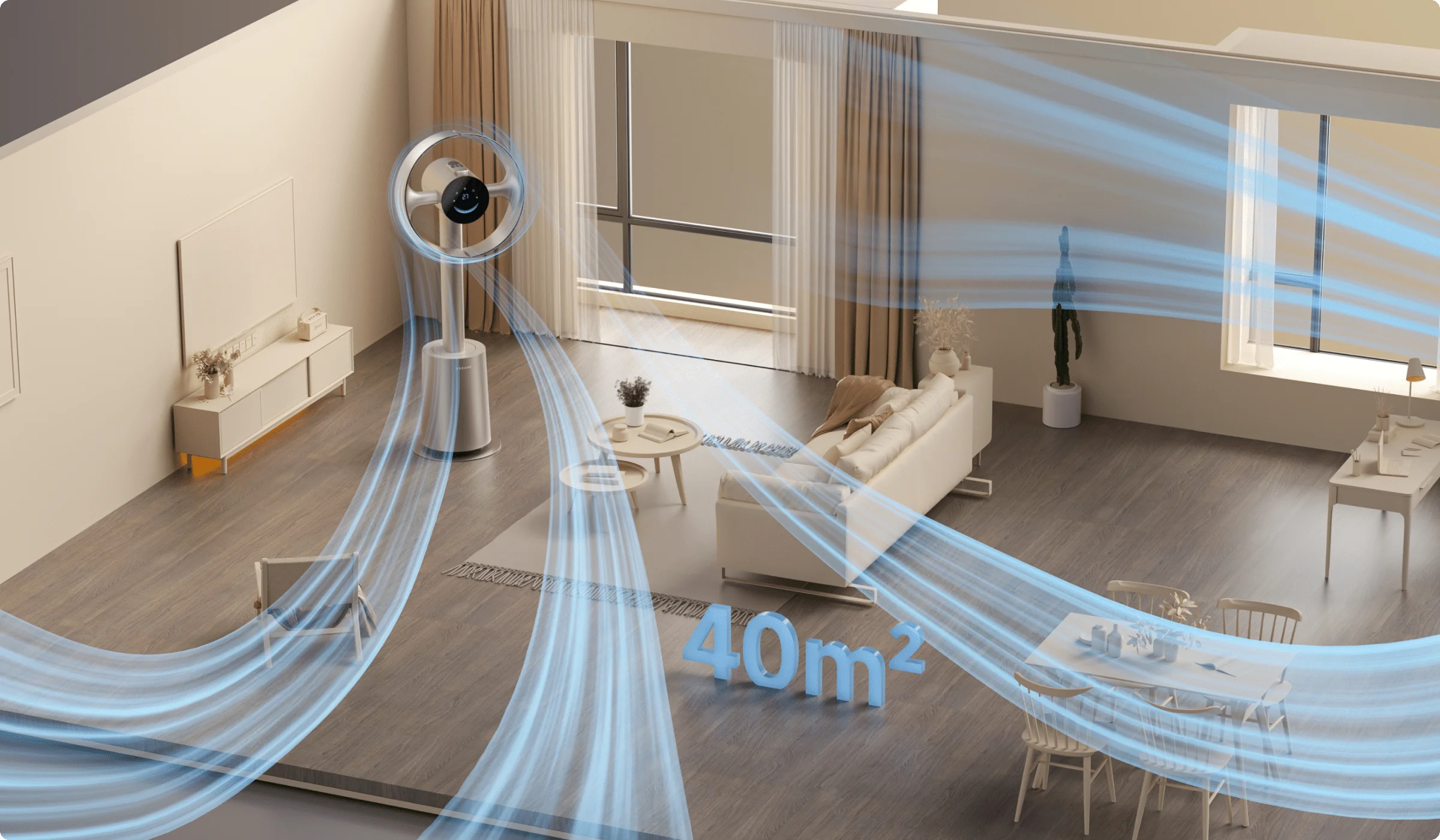 El campo de aire 3D envolvente del Dreame MF10 Ventilador sin aspas refresca por completo una habitación de 40 m² en solo 4 minutos.