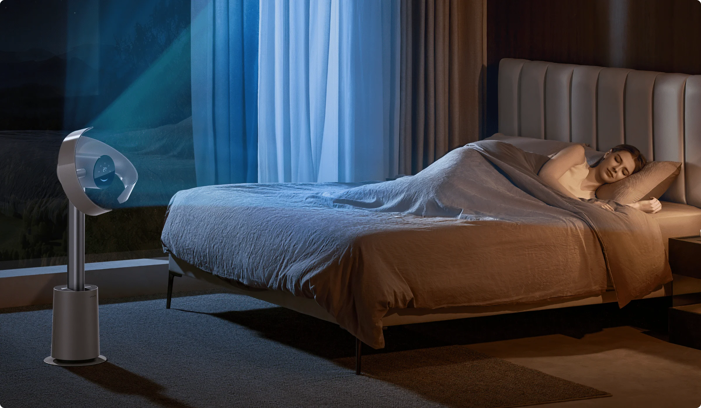 Dreame MF10 Ventilador sin aspas en modo Viento Nocturno: flujo suave y silencioso para un descanso sin interrupciones.