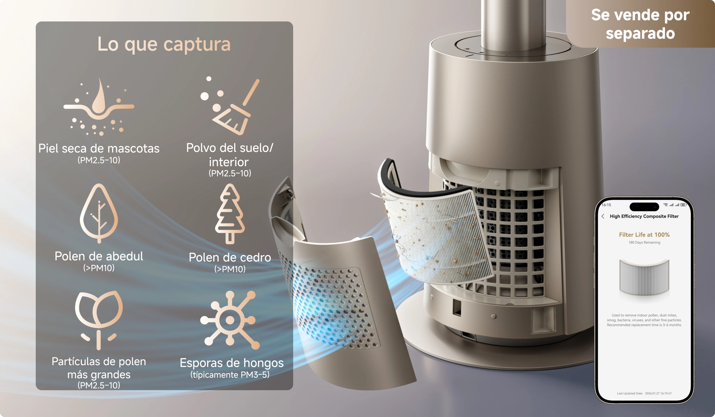 El filtro opcional del Dreame MF10 Ventilador sin aspas captura piel de mascotas, polen de abedul, esporas de moho y polvo para una calidad del aire notablemente mejorada.
