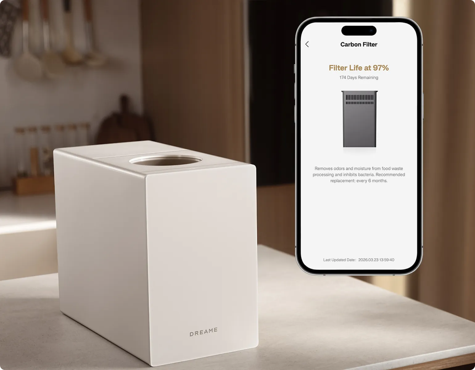 El Dreame SF25 WiFi muestra en tiempo real la vida útil restante del filtro de carbón activo y envía recordatorios automáticos de sustitución.