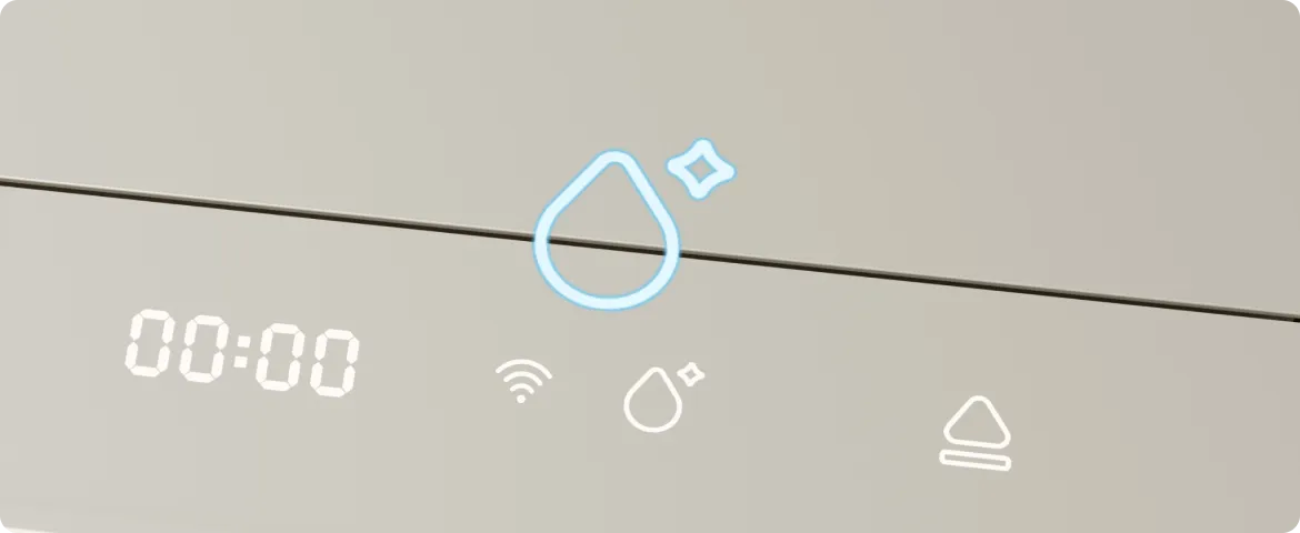 El panel de control iluminado del Dreame SF25 WiFi muestra el modo de limpieza activo con pantalla de temporizador e iconos táctiles.