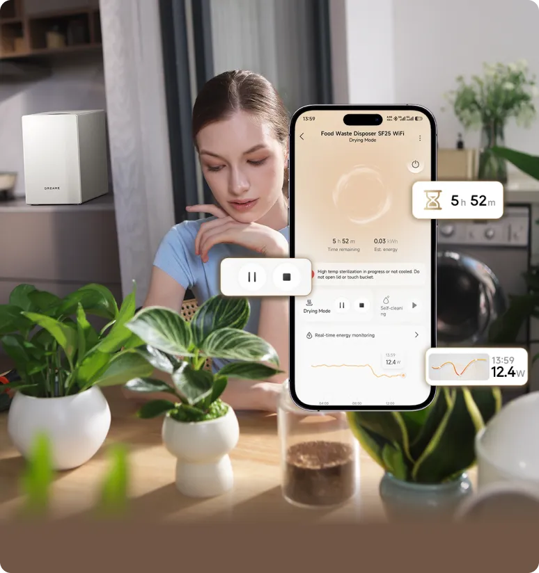 Dreame SF25 WiFi Triturador de basura controlado a distancia con la app Dreamehome – estado del dispositivo, temporizador y consumo energético siempre accesibles